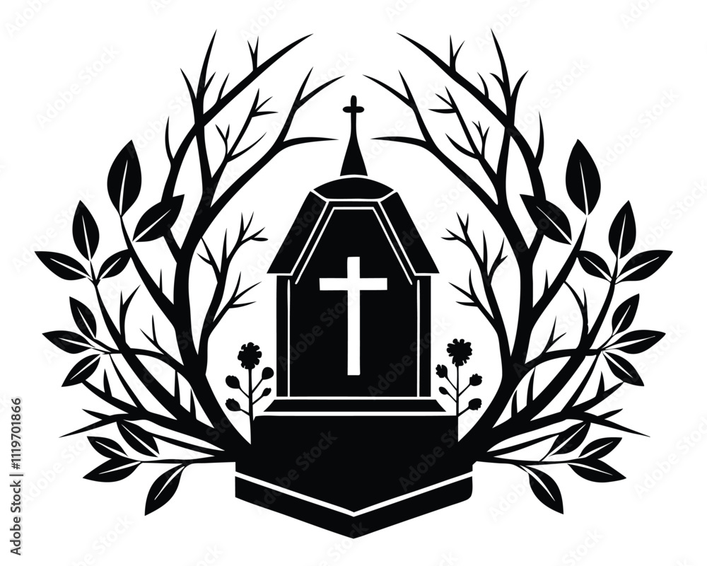 Naklejka premium Grave with Cross and Branches. Symbol of Life and Death