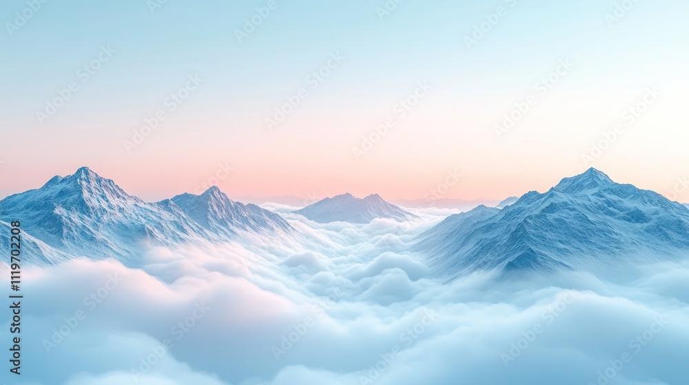 Snowy mountain range above clouds at sunrise. Snowy mountain range above clouds at sunrise.
