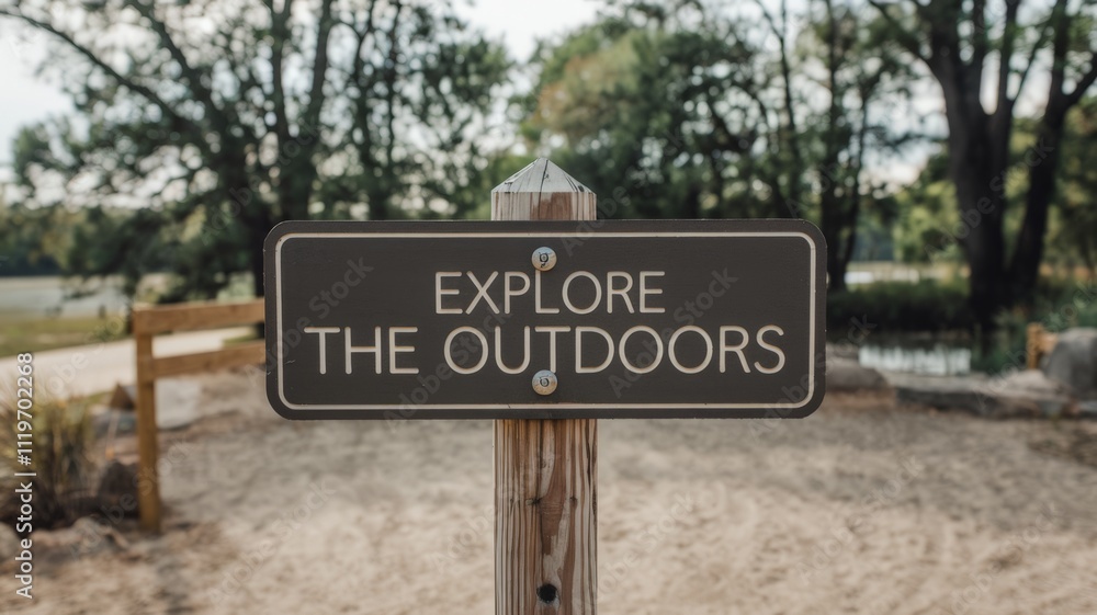 Sign with the phrase ''Explore The Outdoors'', trail and beautiful landscape in the background. Sign with the phrase ''Explore The Outdoors'', trail and beautiful landscape in the background.