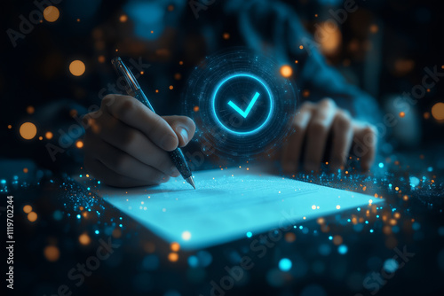 Hand in a jacket signing a contract, symbolizing business agreement and professionalism photo