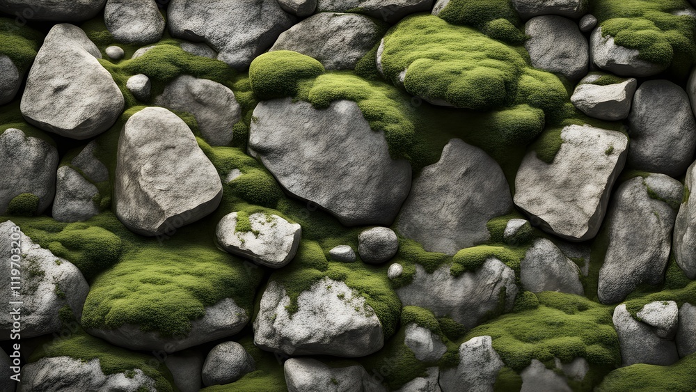 Mossy stone wall texture, grey rocks with vibrant green moss. Mossy stone wall texture, grey rocks with vibrant green moss.
