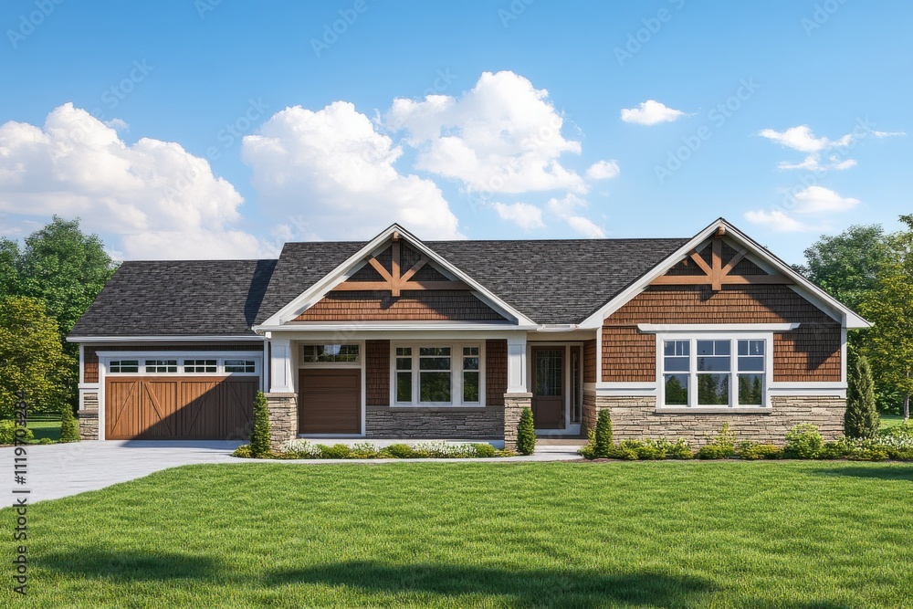 Single story ranch house craftsman style brown and tan exterior Single story ranch house craftsman style brown and tan exterior