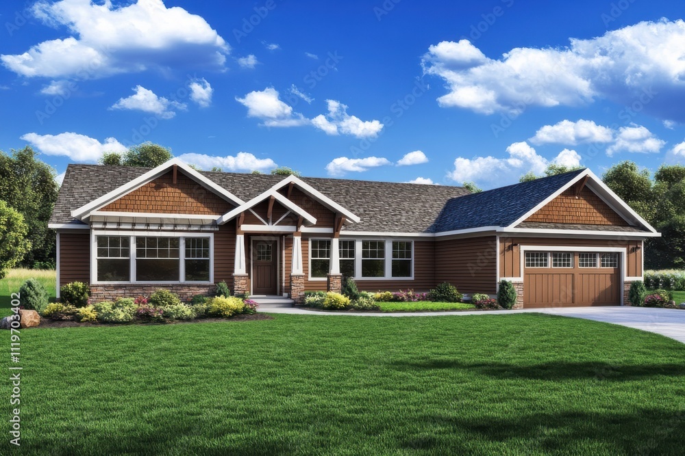 Single story ranch house craftsman style brown and tan exterior Single story ranch house craftsman style brown and tan exterior