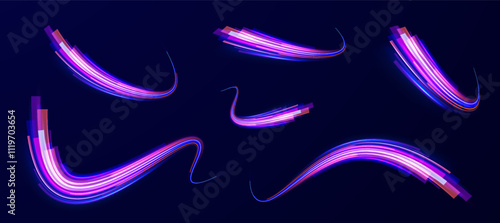 Light arc in neon colors, in the form of a turn. Creative vector illustration of flying cosmic meteor, planetoid, comet, fireball isolated on transparent background. Effect, png, wave,neon,line. 