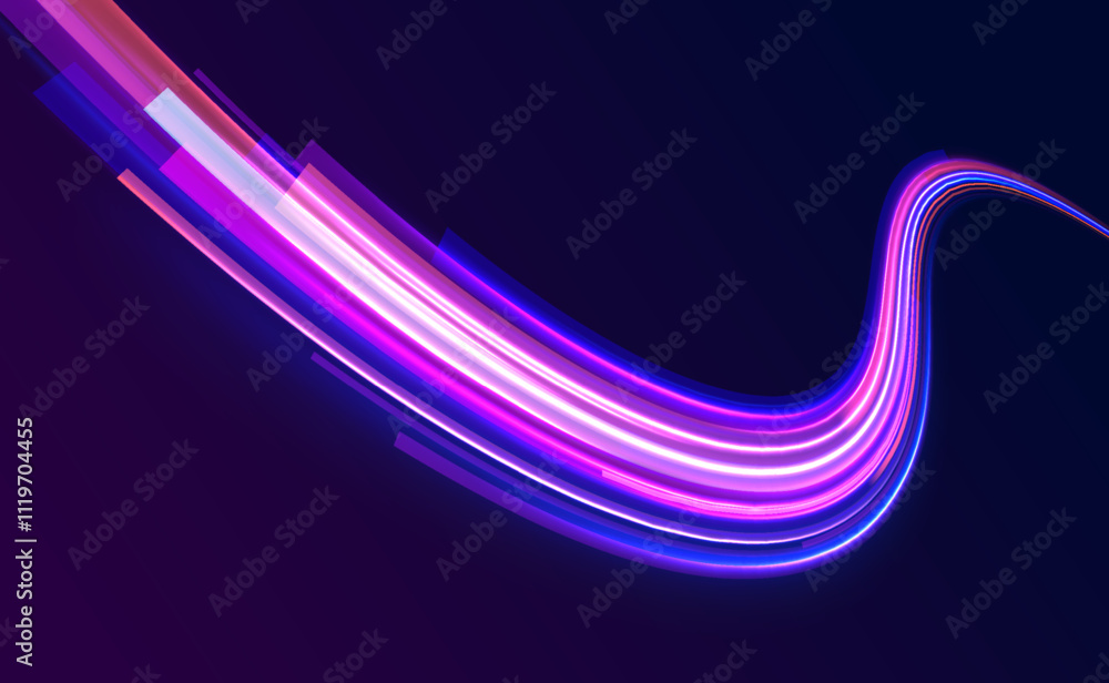Acceleration speed motion on night road. Magic moving fast speed lines. Blurred car light motion effect, city road background with long exposure night lights. Png,  ray, abstract, energy, pack, effect