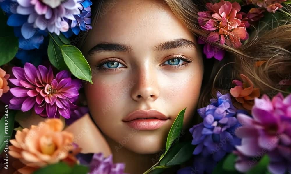 Captivating Beauty Surrounded by a Vibrant Floral Display: A Portrait of Serene Elegance Captivating Beauty Surrounded by a Vibrant Floral Display: A Portrait of Serene Elegance