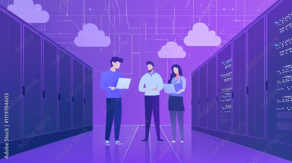 Male IT Specialist Holds Laptop and Discusses Work with Female Server Technician. They're Standing in Data Center, Rack Server Cabinet with Cloud Server Icon and Visualisation Male IT Specialist Holds Laptop and Discusses Work with Female Server Technician. They're Standing in Data Center, Rack Server Cabinet with Cloud Server Icon and Visualisation