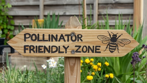 Wooden sign with the phrase ''Pollinator friendly zone'', garden with lots of flowers in the background.