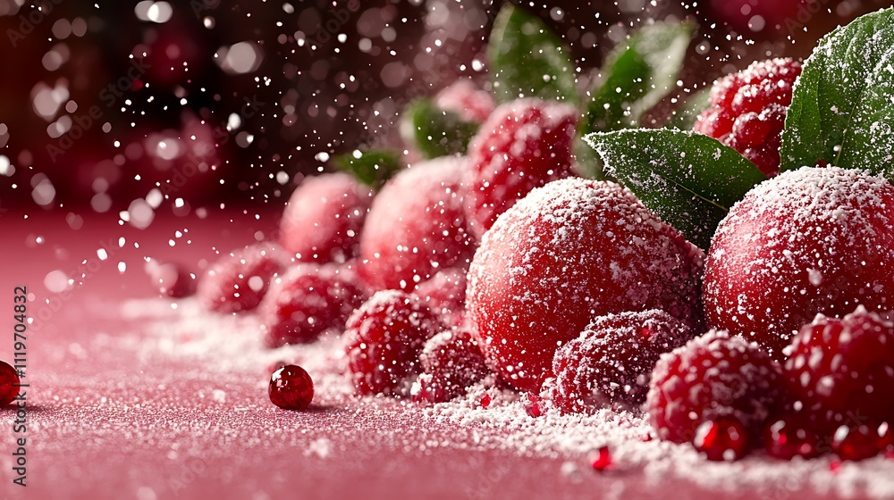 Sugar-coated raspberries and cranberries on a pink surface with a snowy effect. Sugar-coated raspberries and cranberries on a pink surface with a snowy effect.