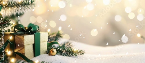 Golden gift box with green ribbon ball fir branches in snow with beige background photo