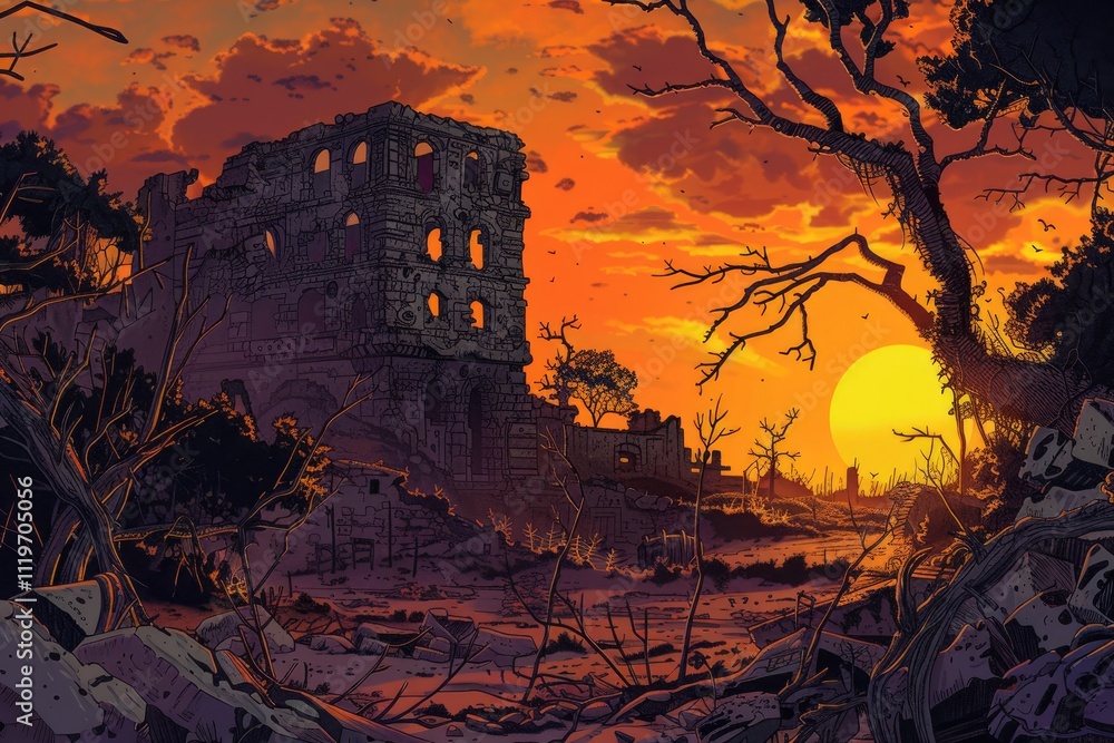 Ruined Building Sunset Apocalyptic Landscape Scene Ruined Building Sunset Apocalyptic Landscape Scene