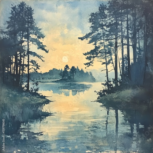 Serene Lakeside Sunset, Watercolor Painting photo