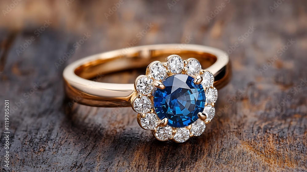 A stunning ring featuring a vibrant blue sapphire surrounded by sparkling diamonds, set against a dark, dramatic background. A stunning ring featuring a vibrant blue sapphire surrounded by sparkling diamonds, set against a dark, dramatic background.