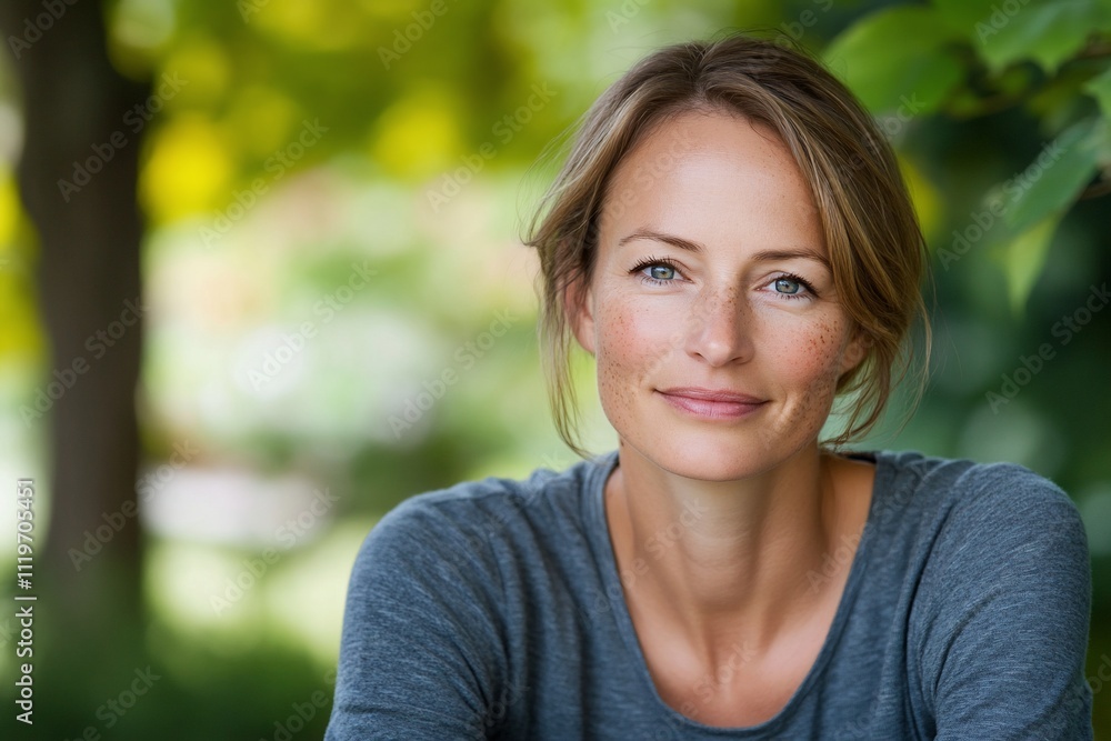 A woman smiling softly in a natural outdoor setting. A woman smiling softly in a natural outdoor setting.
