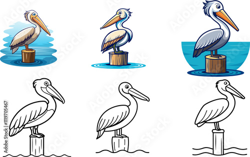 Simple vector illustration of pelicans in various poses, featuring multiple styles of the pelican bird sitting on a pier post with a transparent background.