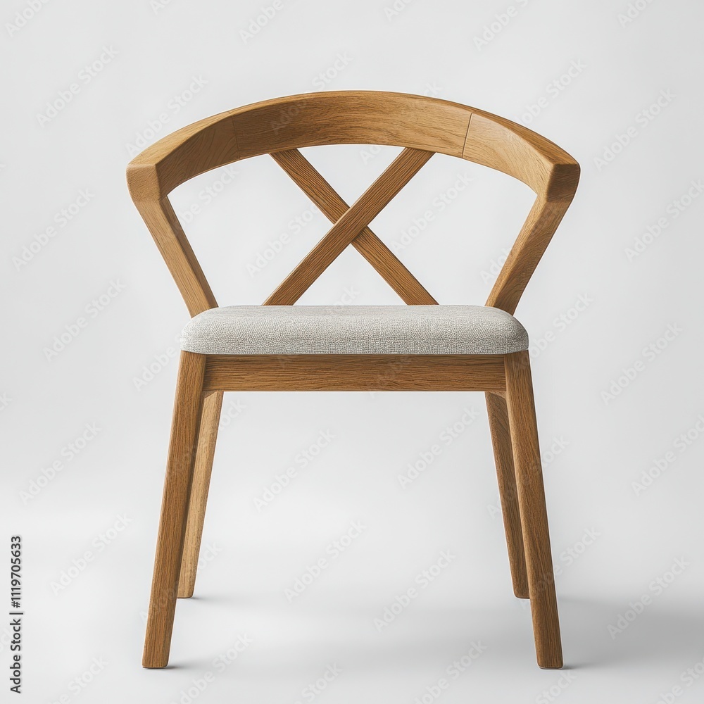 Wooden chair minimalist design X back armrests cushioned seat light wood tones Wooden chair minimalist design X back armrests cushioned seat light wood tones