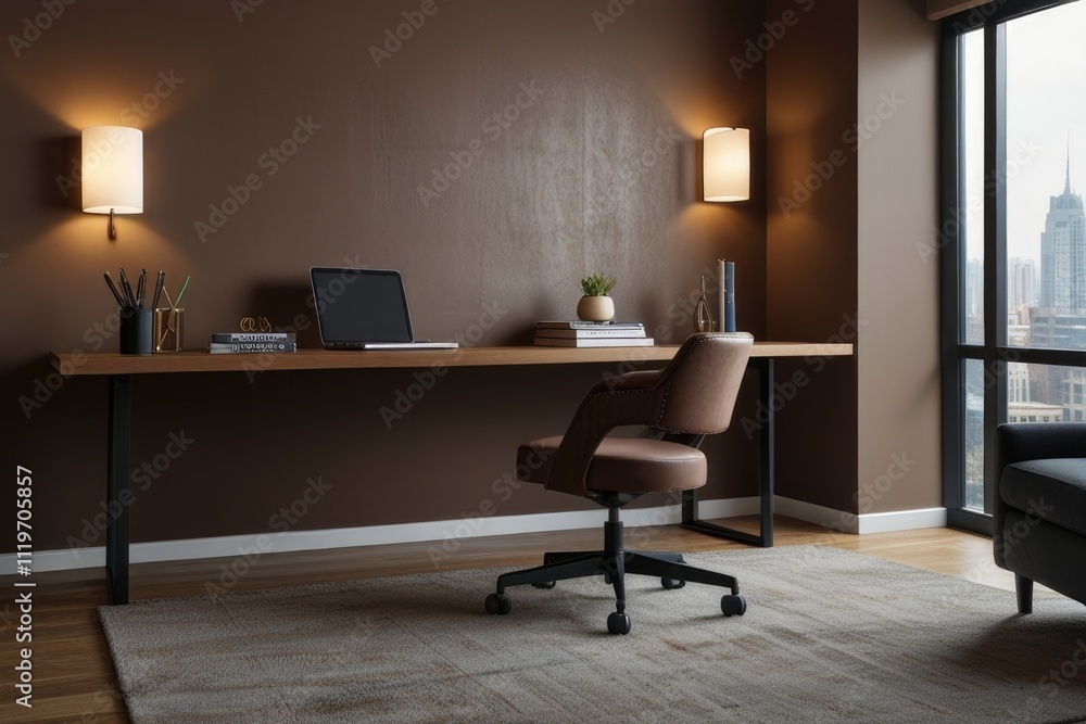 Modern home office with minimalist desk and comfortable chair in urban apartment Modern home office with minimalist desk and comfortable chair in urban apartment