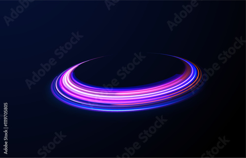 Abstract neon light motorway background. Light arc in neon colors, in the form of a turn. Magic bright shine glow of energy lines, shiny swirl power waves flow, electric trail glowing in dark backgrou