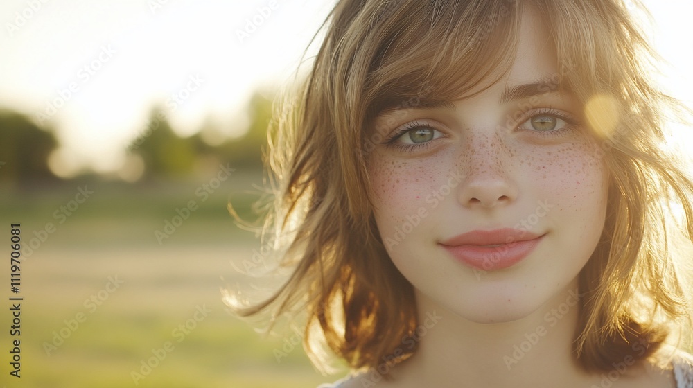 A young girl with freckles smiles warmly in a sunlit field. A young girl with freckles smiles warmly in a sunlit field.