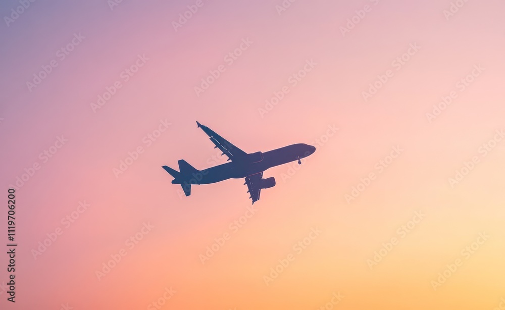 A passenger plane flying in the sky at sunset A passenger plane flying in the sky at sunset