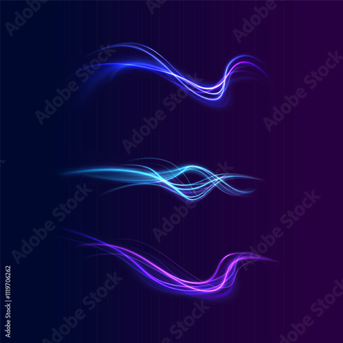 Creative vector illustration of flying cosmic meteor, planetoid, comet, fireball isolated on transparent background. Effect, png, wave,neon,line. Light arc in neon colors, in the form of a turn. 