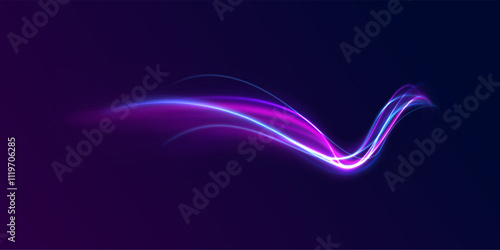 Creative vector illustration of flying cosmic meteor, planetoid, comet, fireball isolated on transparent background. Effect, png, wave,neon,line. Light arc in neon colors, in the form of a turn. 