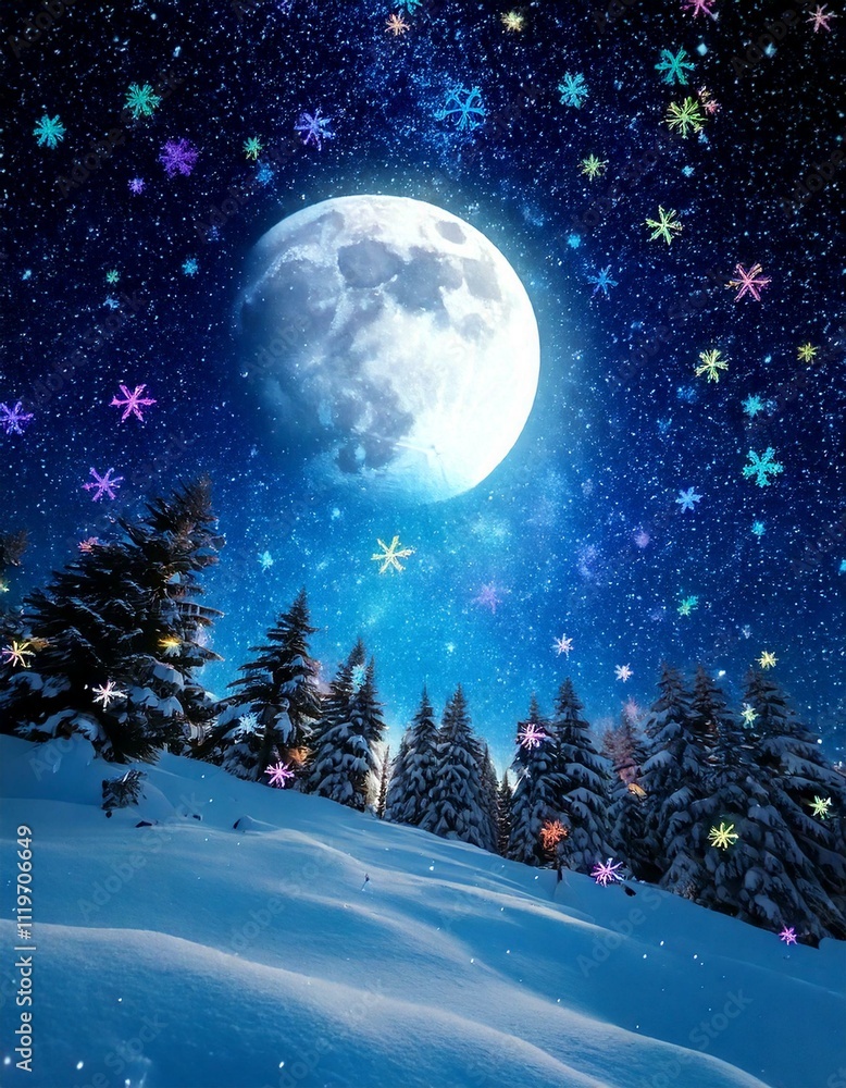 Naklejka premium 雪が降る満月の夜のクリスマス