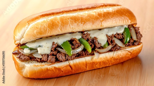 A Philly Cheesesteak sub is a warm sandwich filled with diced beef, sautéed onions, green peppers, and melted cheese served on a toasted hoagie roll.