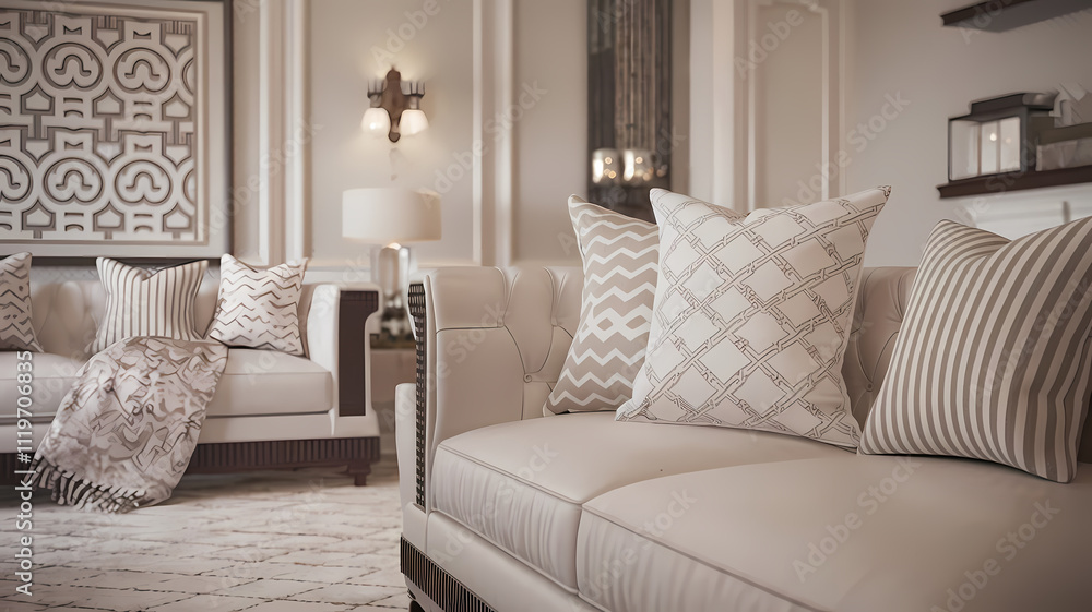 Fototapeta premium Elegant living room featuring a neutral color palette, plush sofas, and decorative pillows with geometric patterns.
