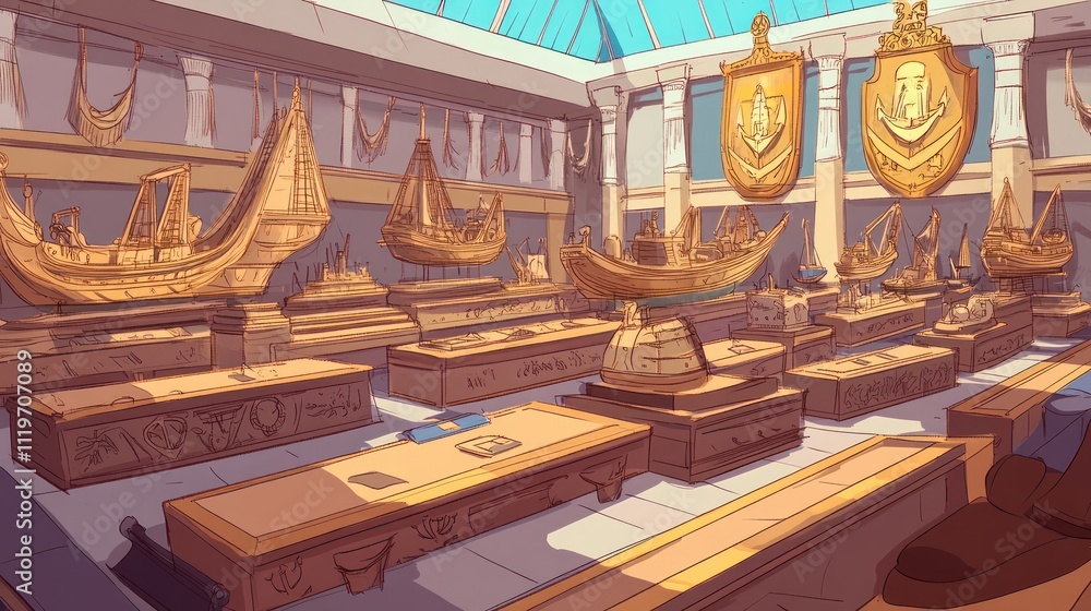 Naklejka premium A spacious room featuring wooden ship models and ornate decorations, likely a museum exhibit.