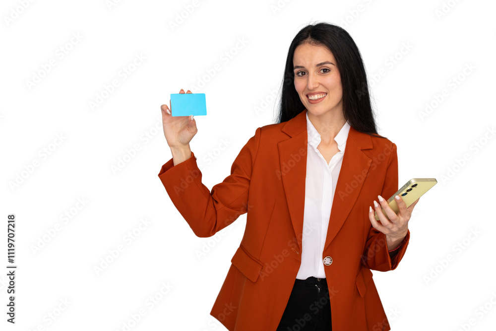 Young businesswoman using credit card and smartphone Young businesswoman using credit card and smartphone