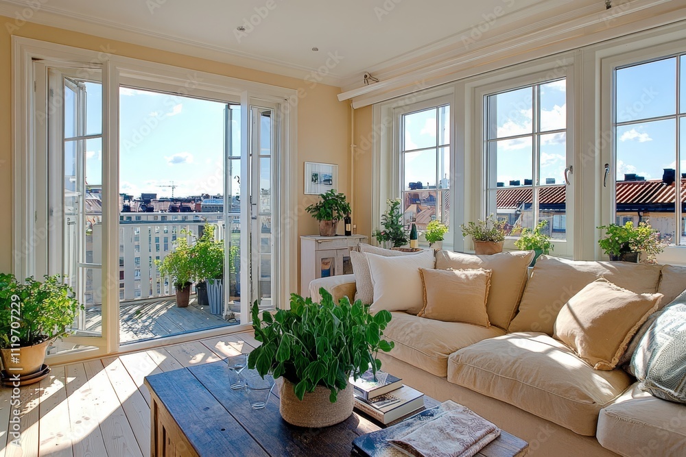 Cozy and Elegant Living Room with Large Windows Overlooking Cityscape, Filled with Natural Light and Green Indoor Plants, Ideal for Modern Home Decor Cozy and Elegant Living Room with Large Windows Overlooking Cityscape, Filled with Natural Light and Green Indoor Plants, Ideal for Modern Home Decor