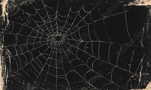 Spider web intricate design, black background, delicate lines, artistic representation, vintage style photo