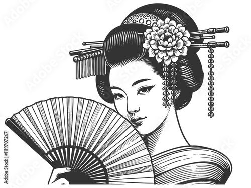  graceful geisha in traditional attire, adorned with flowers and hairpins, holding a decorative fansketch engraving generative ai vector illustration. Scratch board imitation. Black and white image.
