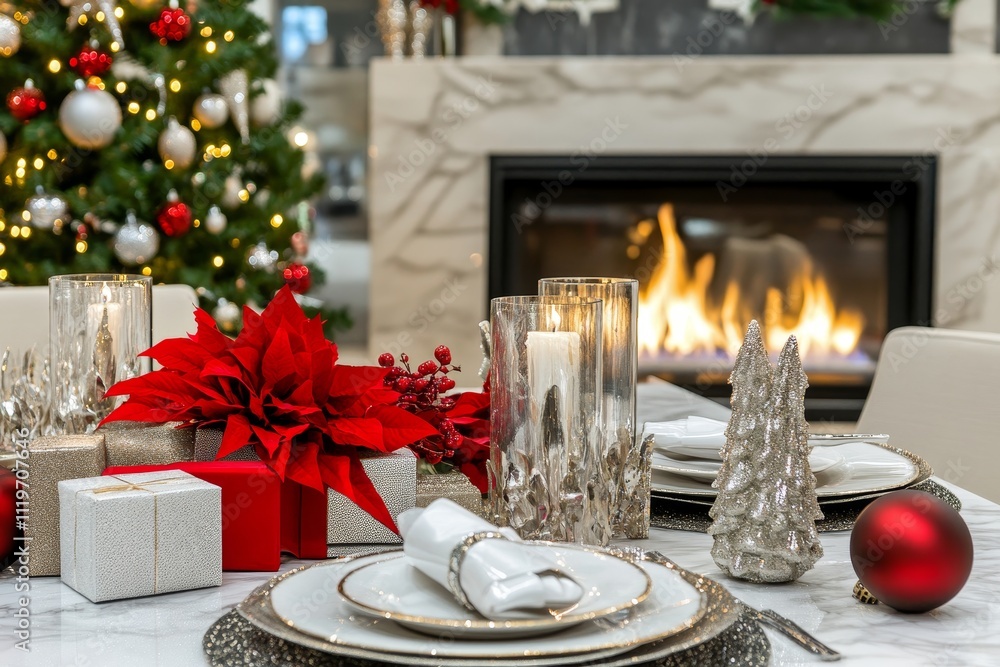 Elegant Holiday Table Setting with Festive Decor, Candles, Poinsettia, and Christmas Tree by Cozy Fireplace for Warm Family Gatherings Elegant Holiday Table Setting with Festive Decor, Candles, Poinsettia, and Christmas Tree by Cozy Fireplace for Warm Family Gatherings