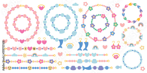 Set of funky bracelets vector illustration. Floral and mermaid necklace, bracelets and earrings with plastic beads flat vector set