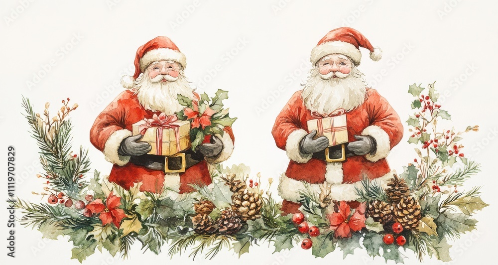 Fototapeta premium Charming vintage Santa Claus figures holding gifts surrounded by festive foliage in a nostalgic Christmas scene