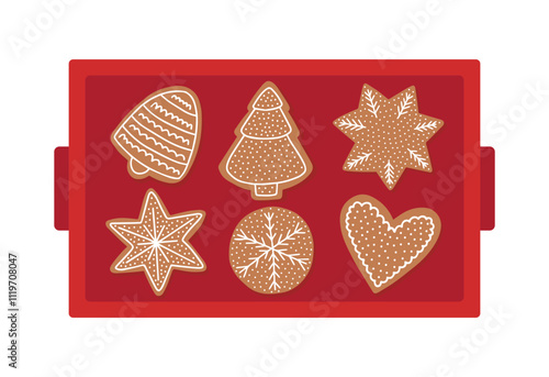 Red tray with ginger cookies top view vector flat illustration