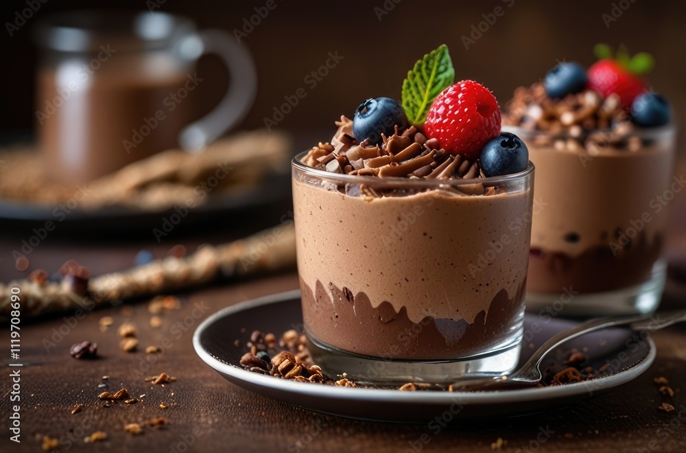 Decadent chocolate mousse with berries and mint garnish in elegant glass dessert Decadent chocolate mousse with berries and mint garnish in elegant glass dessert