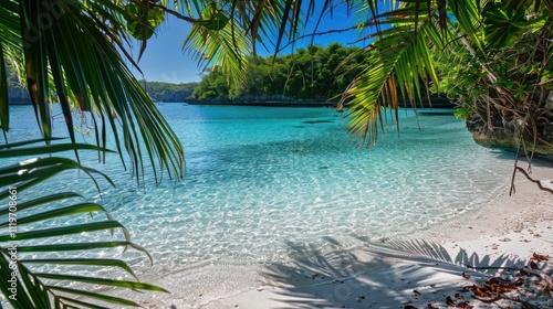 Fototapeta Naklejka Na Ścianę i Meble -  High-end photography of a hidden beach with crystal clear waters and white sand, framed by palm trees
