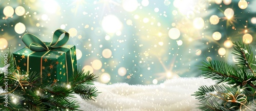 Holiday-themed Christmas card background with a green ribbon gift box on snow, glowing golden bokeh lights, and pine branches. A cozy winter design for seasonal banners and New Year themes. photo