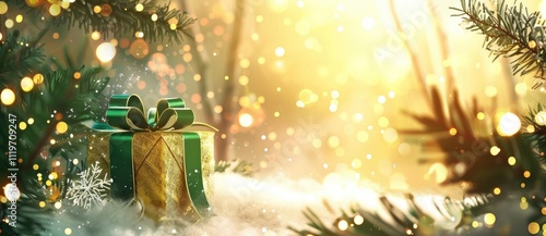 Christmas festive background featuring a green ribbon gift box in snow, glowing golden lights, and pine tree branches. An elegant New Year banner design and holiday-themed card concept. photo