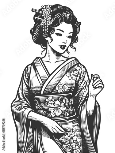 geisha in a floral-patterned kimono, asian woman sketch engraving generative ai fictional character vector illustration. Scratch board imitation. Black and white image.