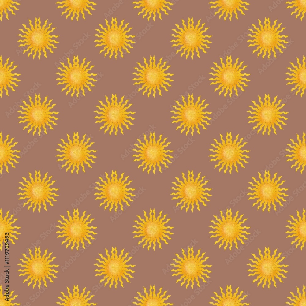 Sun Design Seamless Pattern on PANTONE Mocha Mousse Background Sun Design Seamless Pattern on PANTONE Mocha Mousse Background