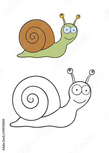 A fun snail coloring page for kids featuring a cute snail with a big shell, smiling in a garden with flowers and grass. Perfect for creativity and improving motor skills!