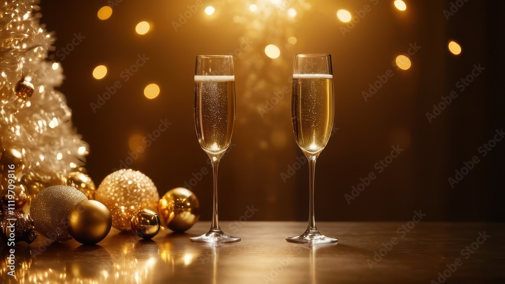 A cozy holiday setting featuring two glasses of bubbly champagne and golden decorations, perfect for New Year or Christmas celebrations