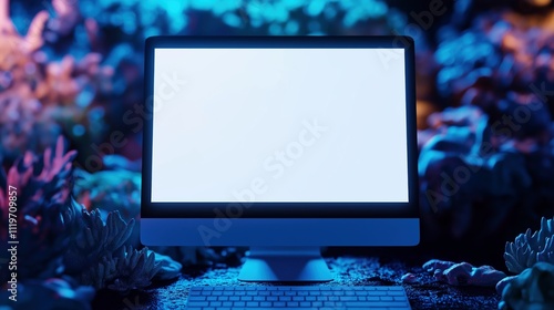 Monitor mockup on underwater background. Office equipment modern pc with blank screen template advertising image. Digital display mock up nature backdrop product photorealistic