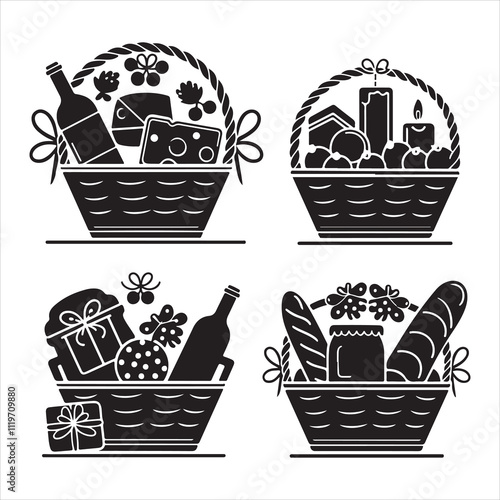 set of vector shopping basket, gift basket silhouette