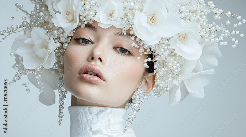Ethereal Portrait of Woman with Pearl and White Floral Headpiece and Crystal Earrings
Ethereal Portrait of Woman with Pearl and White Floral Headpiece and Crystal Earrings