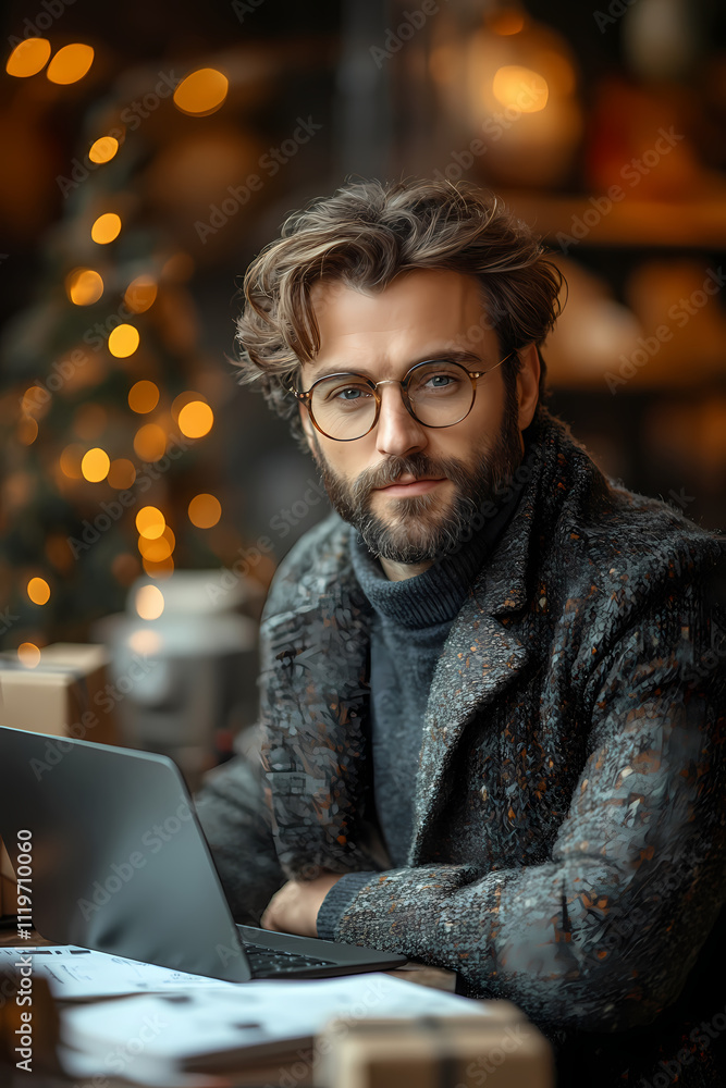 A modern business professional working confidently in a holiday-themed office. The setting features a modern desk with a laptop that shows analytics or task management tools. A modern business professional working confidently in a holiday-themed office. The setting features a modern desk with a laptop that shows analytics or task management tools.